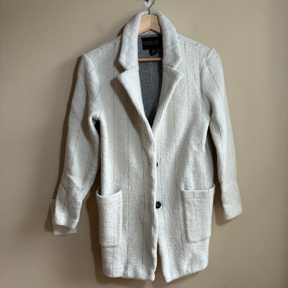 Rachel Zoe Pinstripe Wool Blend Car Coat Medium Ivory Women Key Feature Pocket